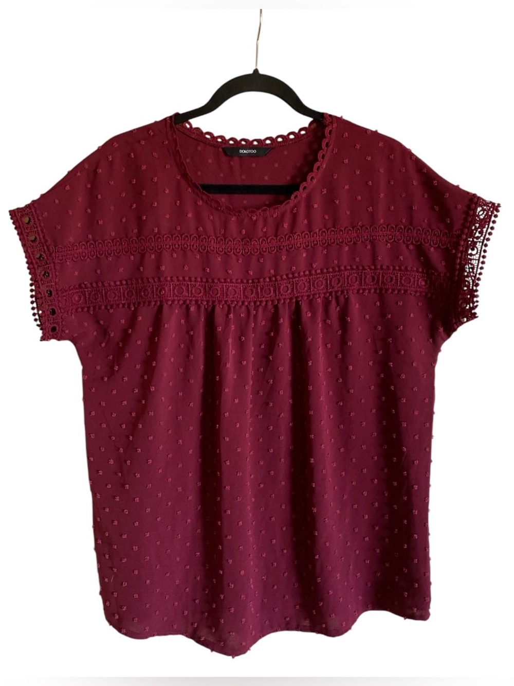 Women’s Dokotoo Burgundy Chiffon Lace Crochet Swiss Dot Blouse M